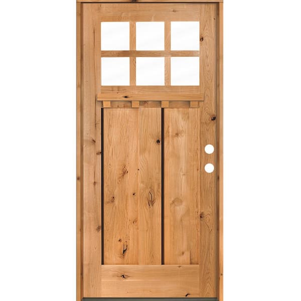 Krosswood Doors 36 in. x 80 in. Craftsman Knotty Alder Clear 6-Lite Clear Stain Wood/Dentil Shelf Left Hand Single Prehung Front Door