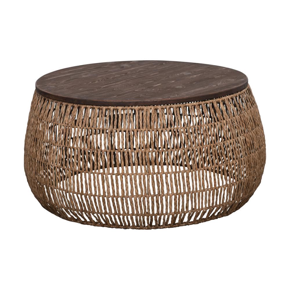 Storied Home Wood Round Coffee Table Natural: Pedestal Base, Pine Top, Iron & Rattan Frame, No Assembly Required