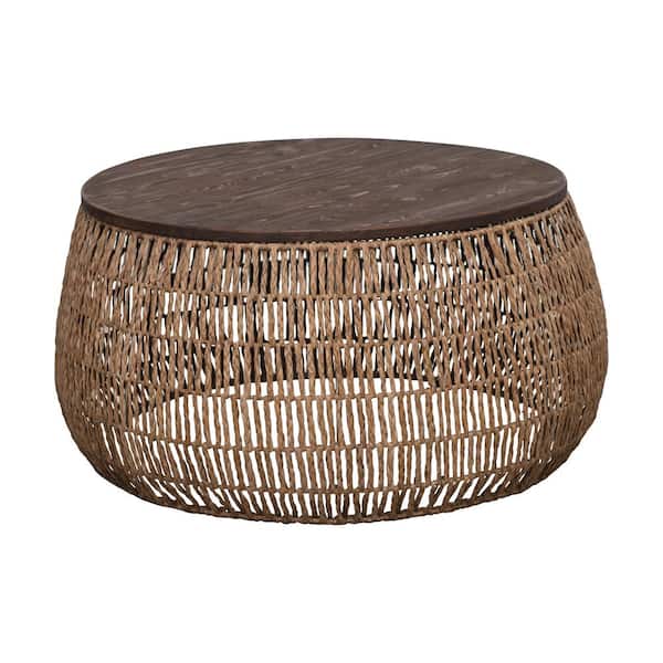 Storied Home 34 in. Natural and Stained Finish Round Hand-Woven Circular Wood Coffee Table