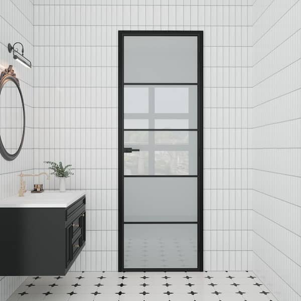 30 in. x 80 in. 5-Lite Frosted Glass Left Black Finished Aluminum Single Prehung Interior Door + Split Jamb and Lockset