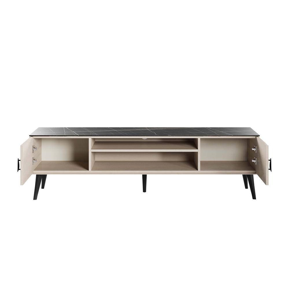Haley 70.9" White and Black Marble TV Stand with Cabinet