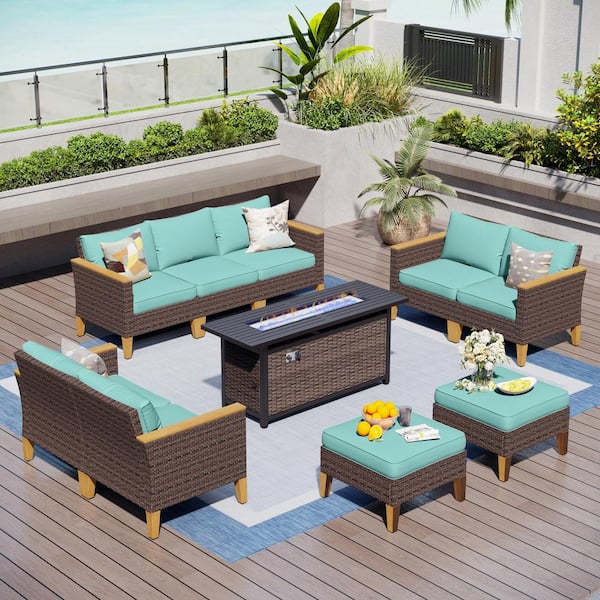 PHI VILLA Brown Rattan Wicker 9 Seat 10-Piece Steel Outdoor Patio Conversation Set with Blue Cushions, Rectangular Fire Pit Table