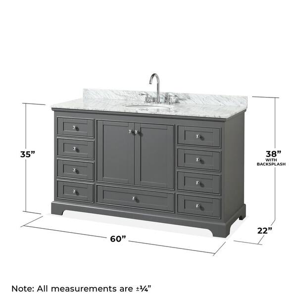 Wyndham Collection Deborah 60-in Dark Gray Single Sink Bathroom Vanity with White Carrara Natural Marble Top
