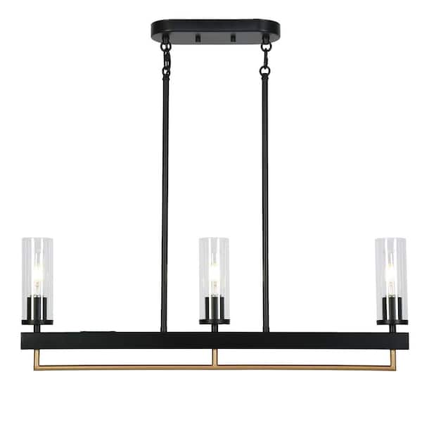 Yehudis Modern Industrial 3-light Black Linear Island Pendant Light with Clear Cylinder Glass Shade for Dining Room
