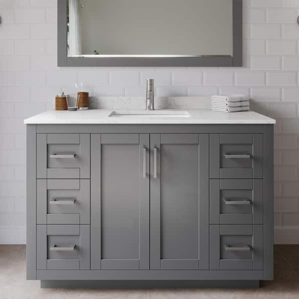 Wyndham Collection Miranda 48 in. W Single Bath Vanity in Dark Gray w/Cultured Marble Vanity Top in LV Carrara with White Basin and Mirror