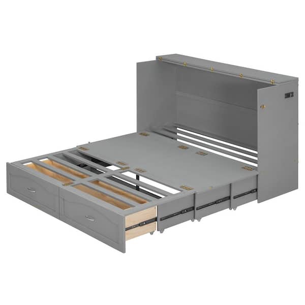 Gray Wood Frame Queen Size Murphy Bed with Built-in Charging Station, Pulleys and Sliding Rails Design, 2-Drawer
