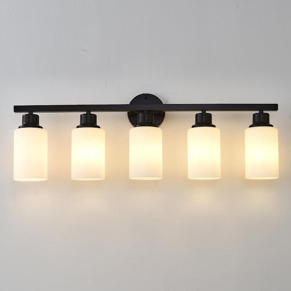 31.5 in. 5-Light Matte Black Vanity Light with White Glass Shades Sconce Fixture for Bathroom or Bedroom (No Bulbs)