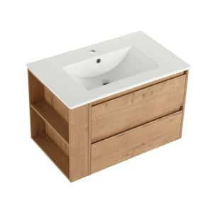 30 in. W x 18.3 in. D x 19.7 in. H Wall Mounted Plywood Bath Vanity in Imitative Oak with White Ceramic Top