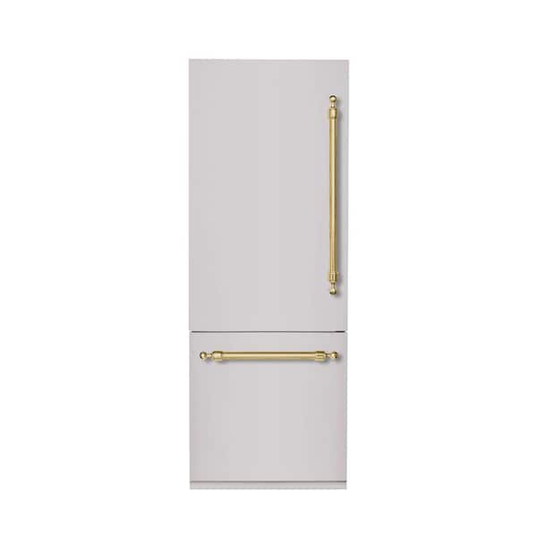 Hallman Classico 30 in. 16 CF TTL. Counter-Depth Built-in Bottom Mount Refrigerator, LH-Hinge in Stainless Steel W-Brass Trim