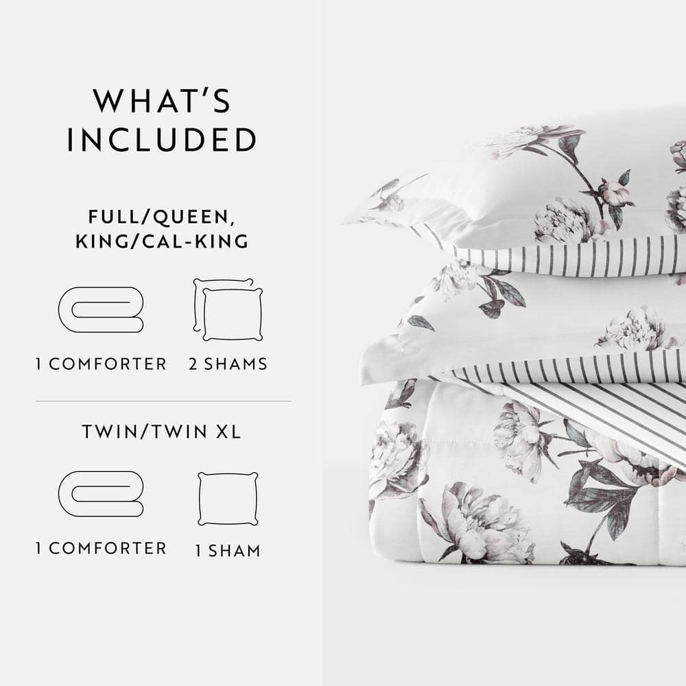 King Gray Floral Down Alternative Reversible Comforter Set