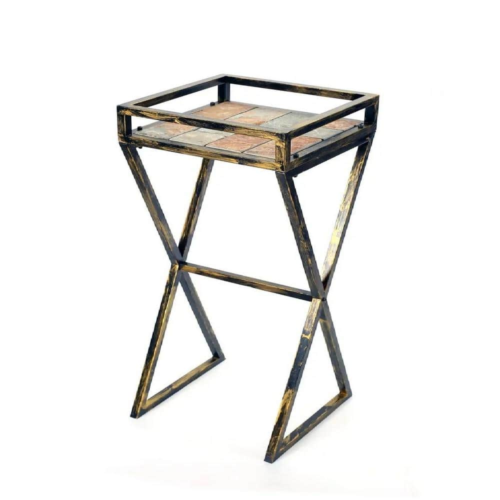35.5 in. Gray Stone Slab Black / Gold Metal Plant Stand