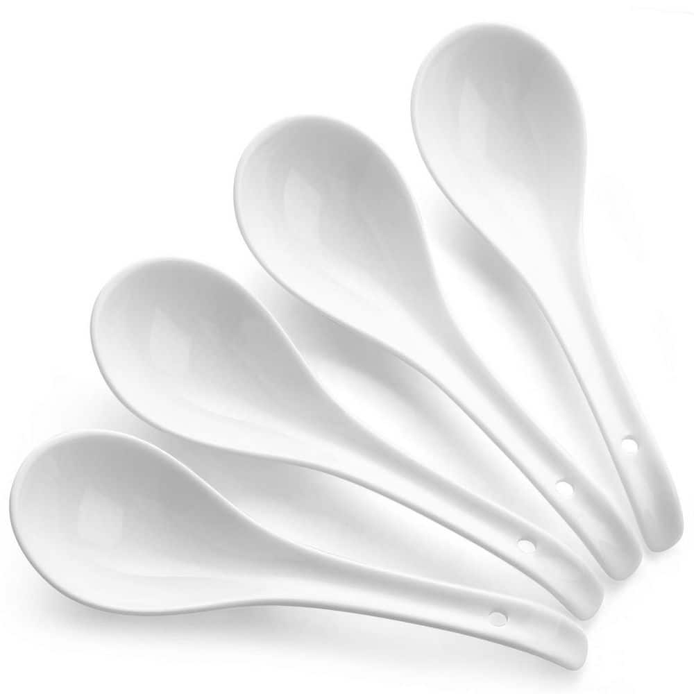 Ceramic Asian Soup Spoon Set, Large White Deep Oval Hook Design, 4-Piece Flatware for Ramen and Pho Bowls price history on PriceWatchPro