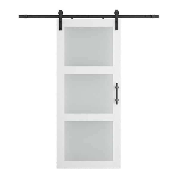 SOCBAZZAR 28 in. x 84 in. 3-lite Frosted Glass Prefinished White MDF Sliding Barn Door with Hardware Kit