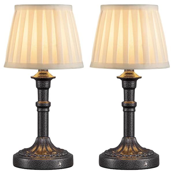 Cordless LED Table Lamp Set of 2, Fabric Shade Mini Desk Lamps, Touch Stepless Dimming 2700K 3W, Mottled Silver