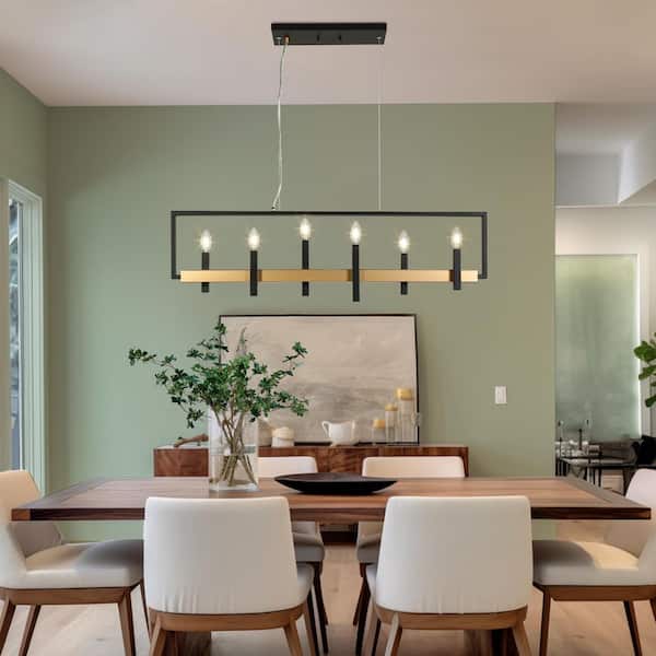 39.4 in. 6-Light Black Rectangular Candlestick Island Chandelier Modern Classic Gold Dining Room Kitchen Hanging Light