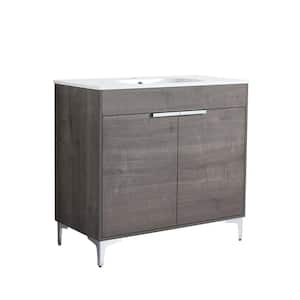 35.4 in. W x 18.1 in. D x 33.5 in. H Single Bath Vanity in Gray Oak Finish with White Solid Surface Resin Sink