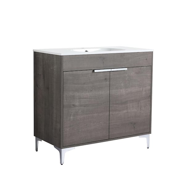 Bellaterra Home 35.4 in. W x 18.1 in. D x 33.5 in. H Single Bath Vanity in Gray Oak Finish with White Solid Surface Resin Sink