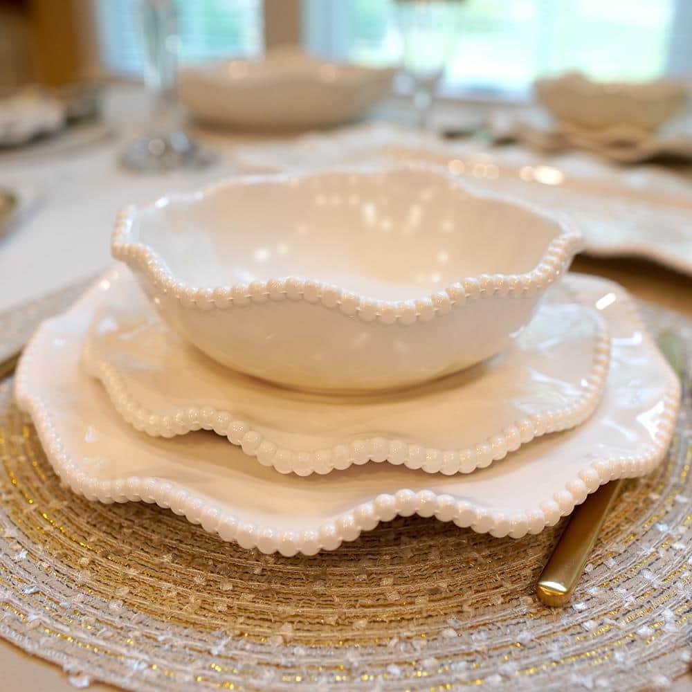 White Melamine 12-Piece Dinnerware Set with Beaded Ruffled Rims