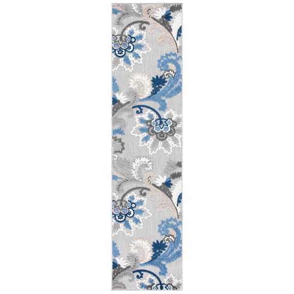 Cabana Gray/Blue 2 ft. x 7 ft. Floral Scroll Indoor/Outdoor Runner Rug
