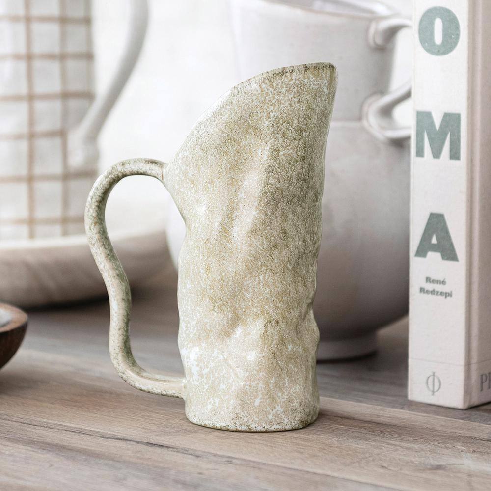 Green Reactive Glaze Organic Shaped Stoneware Pitcher, 7.25 in