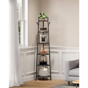 Black Corner Rack 6-Tier Metal Pot Rack Triangle Shelf Storage Tower with Multi-Functional Hooks for Kitchen