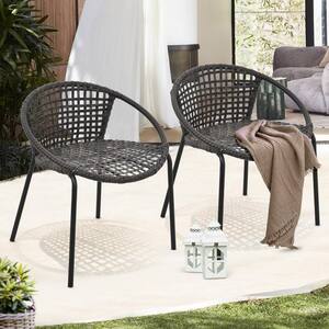 Black Metal Gray Rattan Patio Outdoor Dining Chair (2-Pack)