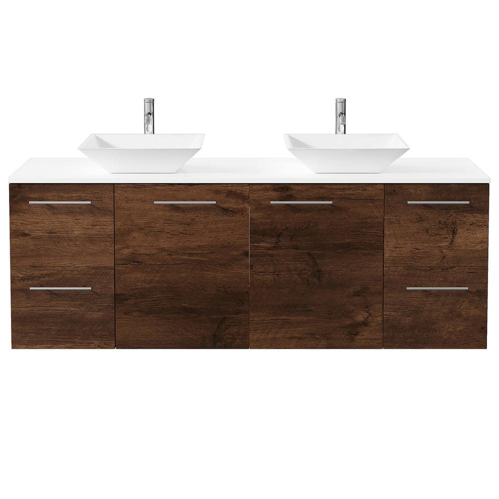 60'' Rosewood Double Wall-Mount Vanity with White Quartz Top