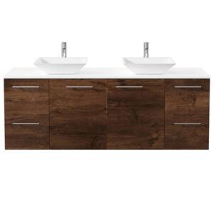 Luxurious 60 in. W x 22 in. D x 26 in. H Floating Bath Vanity in Rosewood with White Tempered Glass Top