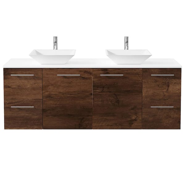 Luxurious 60 in. Double Sink Floating Rosewood Bath Vanity with White White Quartz Top (Assembled)