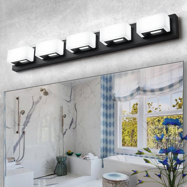 LLHZSY 37.99 in. 5-Light Modern Black LED Vanity Light Bar with Acrylic Shades Dimmable 6000K Light