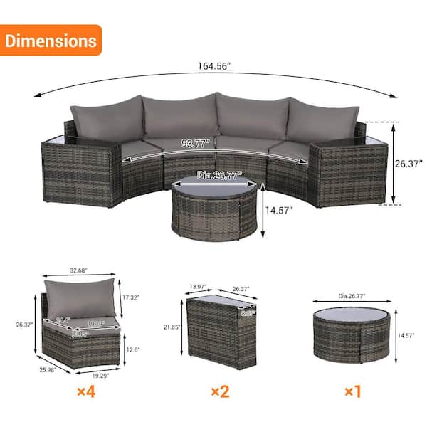 7-Piece Half-Moon Wicker Outdoor Sectional Set with Dark Gray