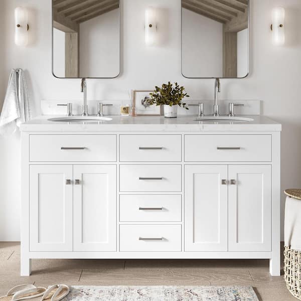 ARIEL Bristol 60.25 in. W x 22 in. D x 36 in. H Double Sink Freestanding Bath Vanity in White with Carrara White Quartz Top