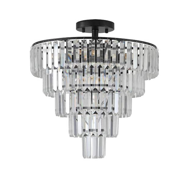 19.7 in. 10-Light Black Flush Mount Chandelier with Crystals Shade