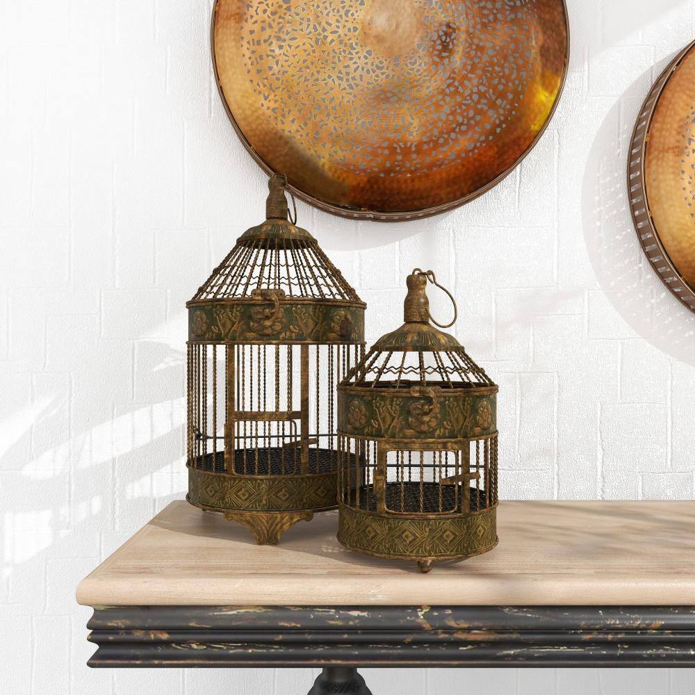 Bronze Antique Carved Metal Birdcage Set, 2 Pieces