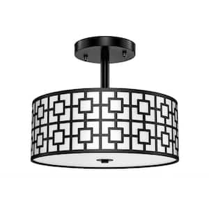 12.6 in. 3-Light Black Finish Modern Semi Flush Mount Ceiling Light with Drum Shade