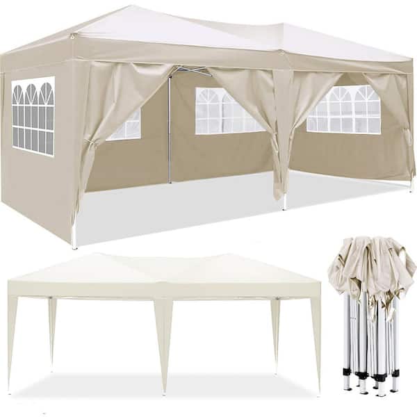 ToolCat 10 ft. x 20 ft. Beige Pop Up Canopy Garage Outdoor Portable Party Folding Tent with 6-Removable Sidewalls and Carry Bag