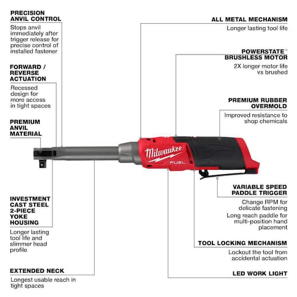 Milwaukee M12 Fuel 3/8 in. Extended Reach High Speed Cordless Ratchet w/3/8 in. Right Angle Impact Wrench & (2) 2.5 Ah Batteries