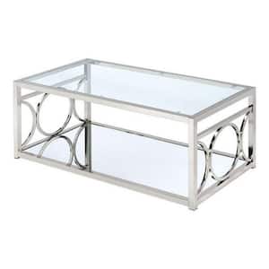 23.5 in. Silver Rectangle Glass Coffee Table with Bottom Shelf and Metal Accents