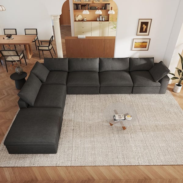 118 in. Modular Black Linen Rubber Wood Queen Size 5-Seat Sleeper Cloud Sofa Bed with Ottoman, Detachable Covers