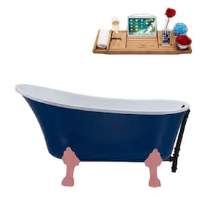55 in. x 26.8 in. Acrylic Clawfoot Soaking Bathtub in Matte Dark Blue with Matte Pink Clawfeet and Matte Black Drain