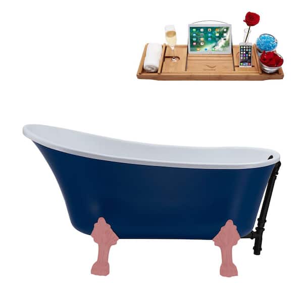 Streamline 55 in. x 26.8 in. Acrylic Clawfoot Soaking Bathtub in Matte Dark Blue with Matte Pink Clawfeet and Matte Black Drain