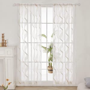 52 in. x 96 in. Beige Elegantly Embroidered Striped Rod-Pocket Sheer Curtains (2 Panels)