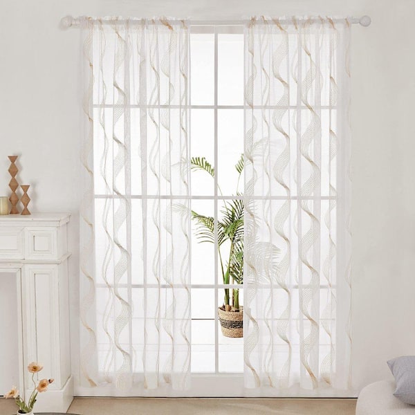 Pro Space 52 in. x 96 in. Beige Elegantly Embroidered Striped Rod-Pocket Sheer Curtains (2 Panels)