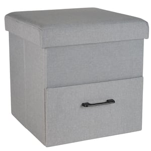 Collapsible Grey Storage Ottoman with Drawer