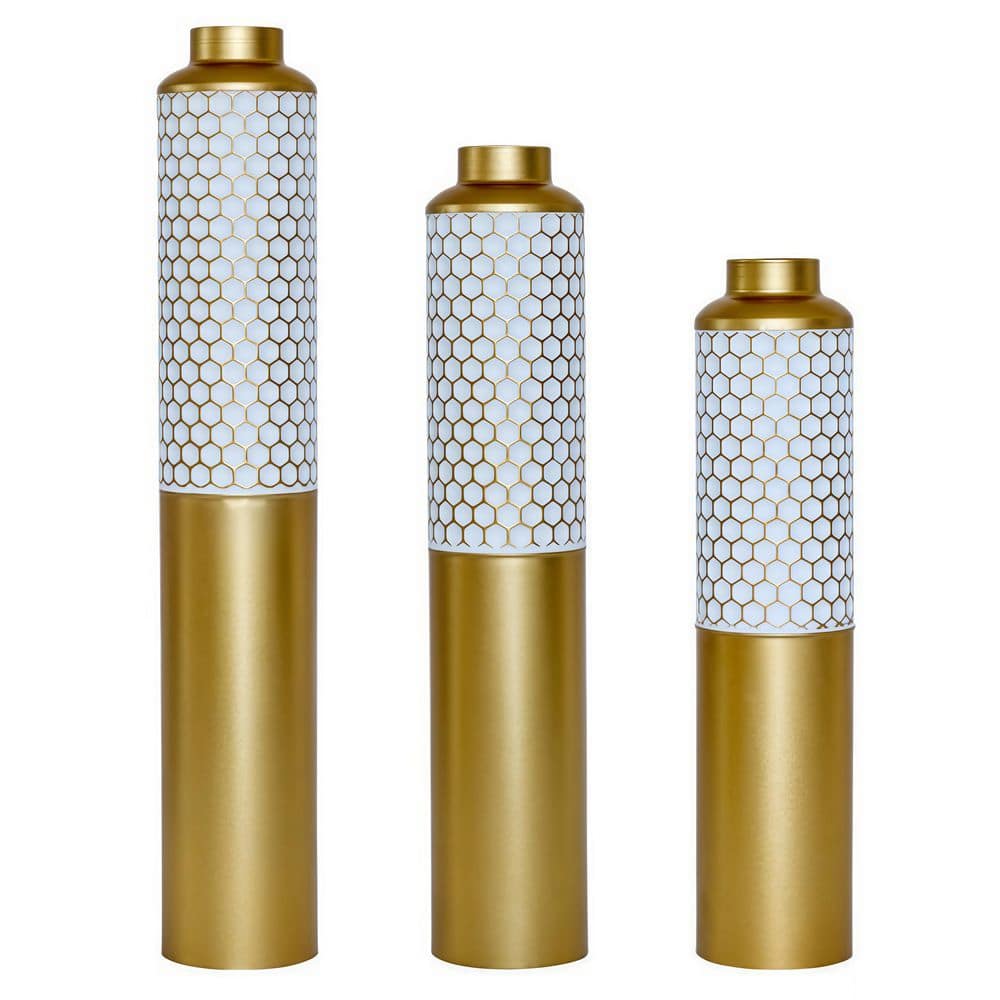 Set of 3 Cylindrical Decorative Metal Vases, Gold and White Hexagonal Pattern Floor Vases, 32.6/28.34 /24 in. Tall price history on PriceWatchPro