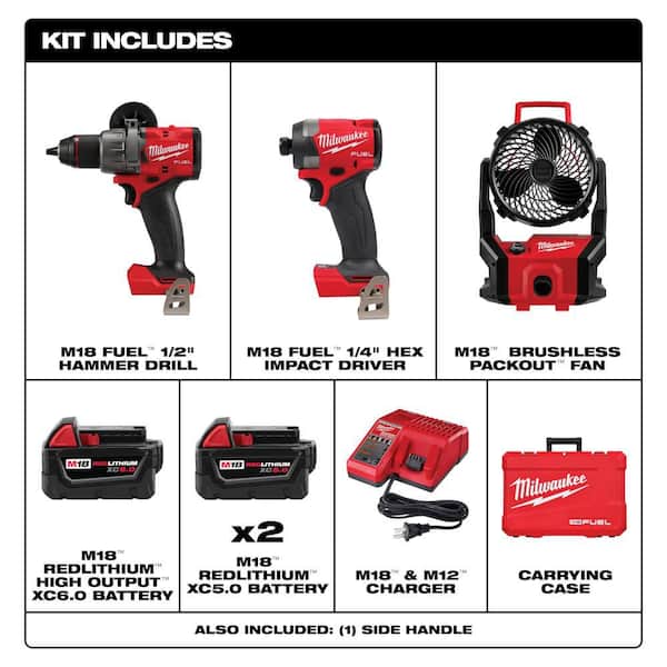 M18 FUEL 18V Lith-Ion Brushless Cordless Hammer Drill & Impact Driver Combo Kit (3-Tool) w/ 3 Batteries & M18 Fan