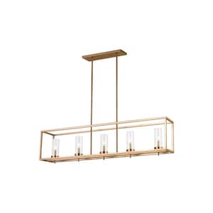 Zire 5-Light Satin Brass Dimmable Indoor/Outdoor Linear Chandelier with Clear Glass Shades
