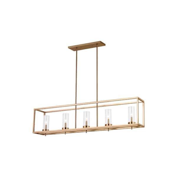 Generation Lighting Zire 5-Light Satin Brass Dimmable Indoor/Outdoor Linear Chandelier with Clear Glass Shades