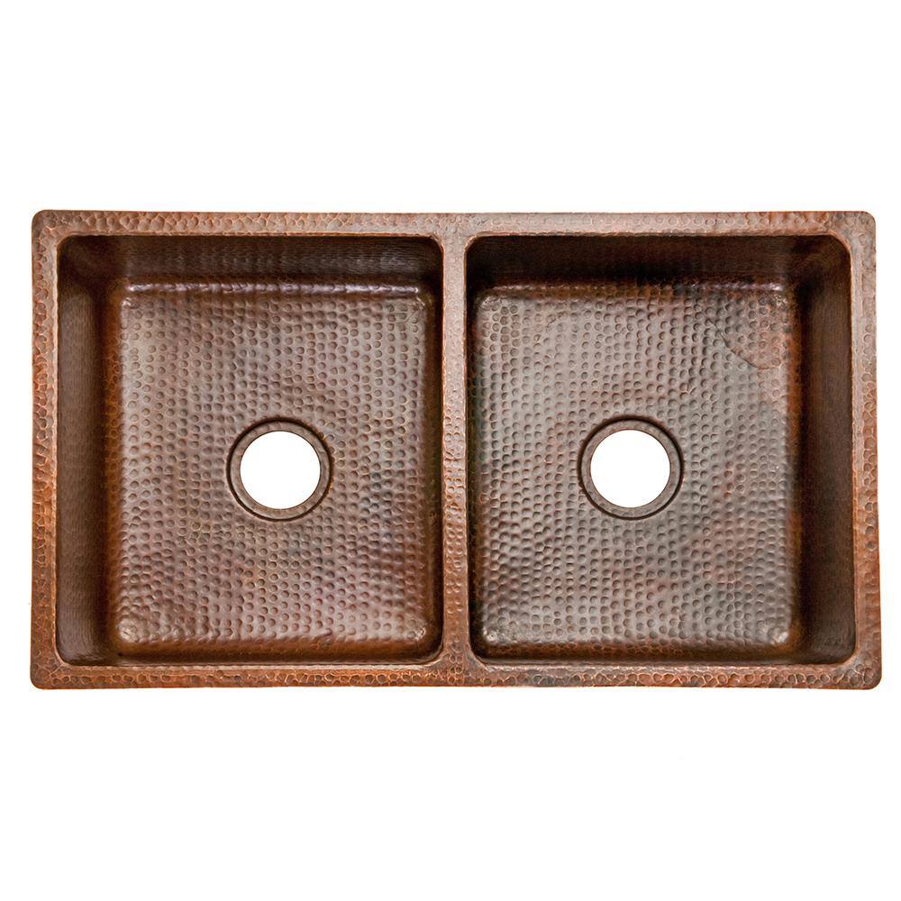 33" Hammered Copper Double Basin Kitchen Sink in Oil Rubbed Bronze