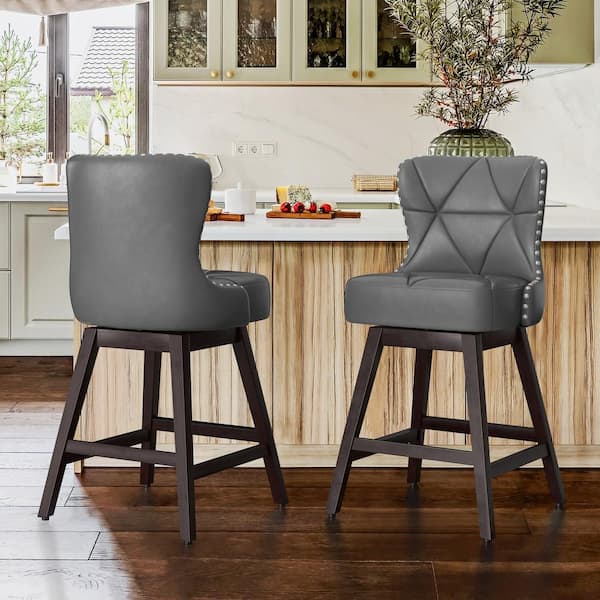 Hampton 26 in. Dark Gray Solid Wood Frame Counter Stool with Back Faux Leather Upholstered Swivel Bar Stool Set of 2